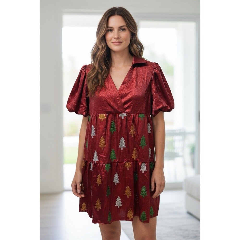 Simply Southern Metallic Red Christmas Sparkle Tree Dress Women’s Med. NWT